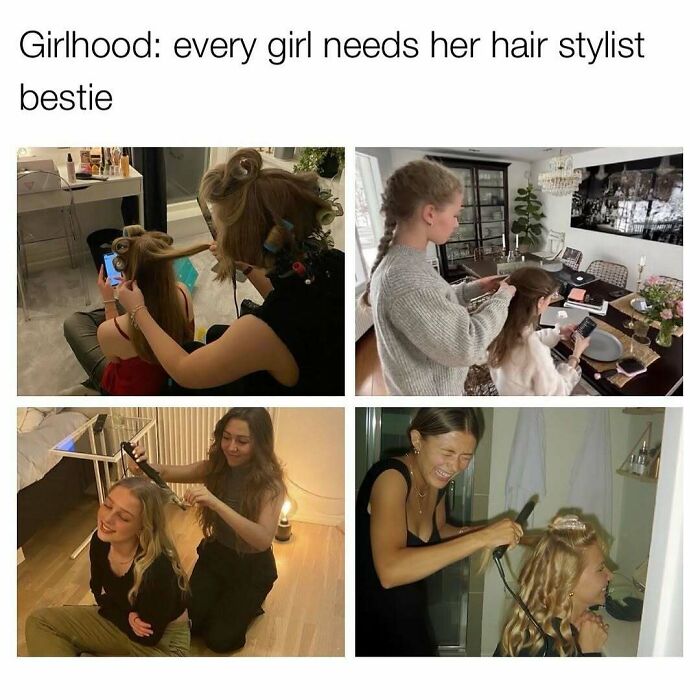 Four photos of girls happily styling each other's hair, showcasing cute and wholesome moments of friendship and girlies bonding.