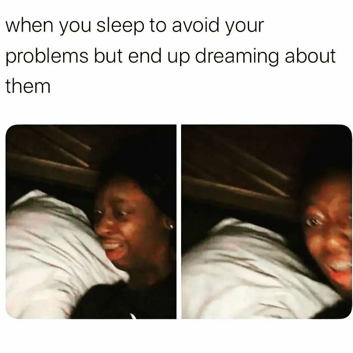 Woman lying in bed looking distressed, illustrating a cute and wholesome post about dreaming of problems while sleeping.