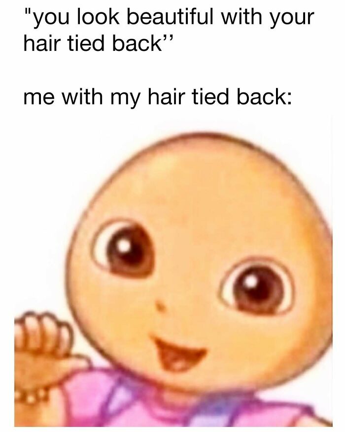 Cute wholesome meme showing a smiling character reacting humorously to hair tied back comments for girlies.