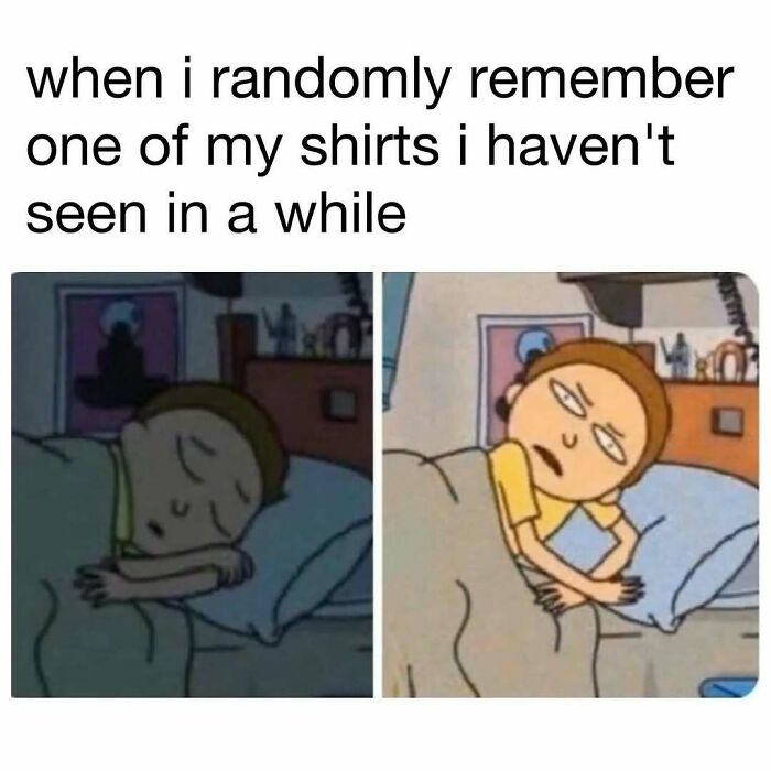 Cartoon character waking up in bed, remembering a shirt, showcasing cute and wholesome posts humor for girlies.