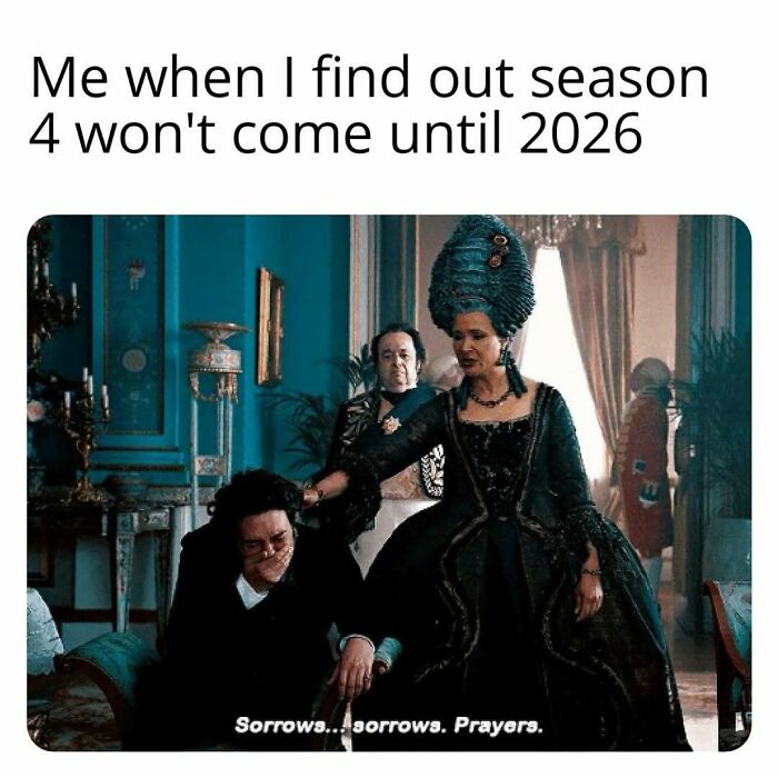 Scene from Bridgerton with characters reacting sadly to season 4 delay, featuring popular Bridgerton memes and fan humor.