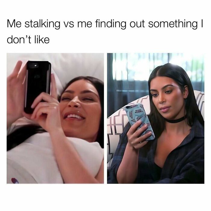 Two images showing a woman stalking online versus reacting to something she doesn’t like, illustrating cute and wholesome posts.