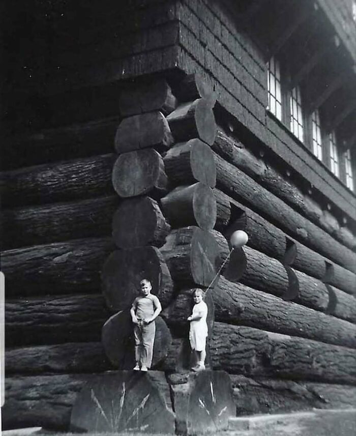 Two children standing by massive logs of a wooden architectural structure showcasing creative building techniques.