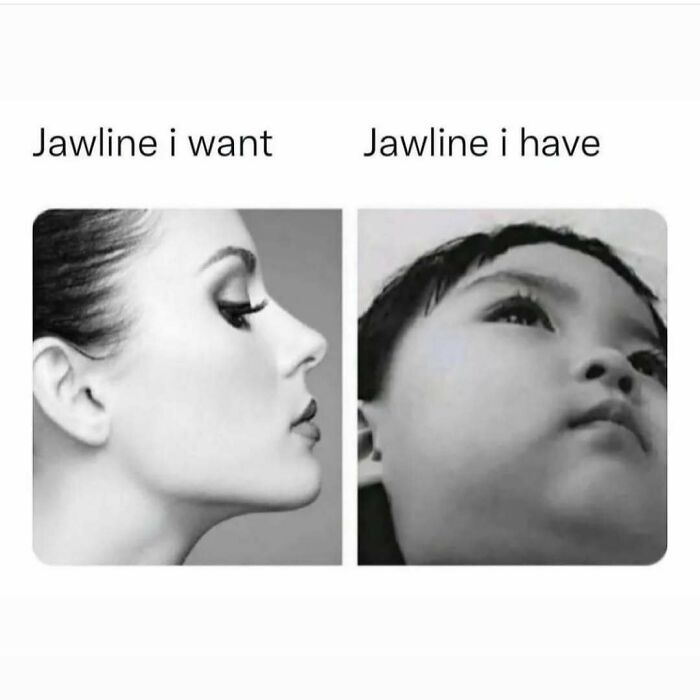 Comparison of desired and actual jawline in a cute and wholesome post shared by a dedicated page for girlies.