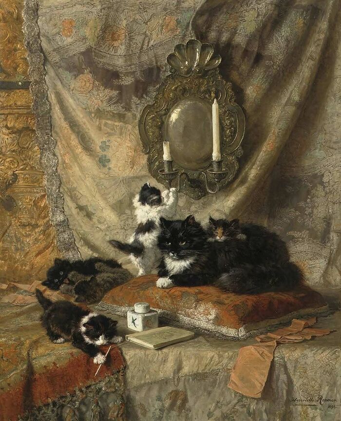 Painting of cats playing and resting on cushions near a decorative wall sconce in classic art style.
