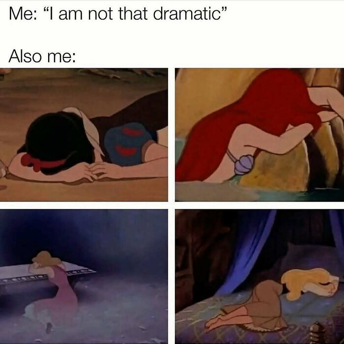 Four animated princesses lying down or hiding faces, depicting cute and wholesome posts shared by a dedicated page for girlies.