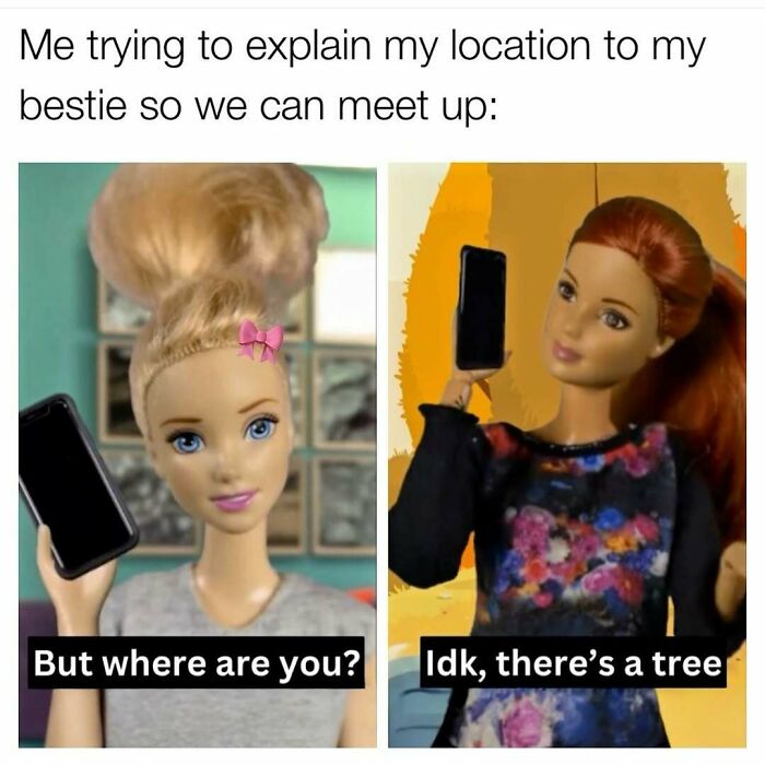 Two dolls on phone calls, humorously illustrating confusion in explaining location for a cute and wholesome post about friendship.
