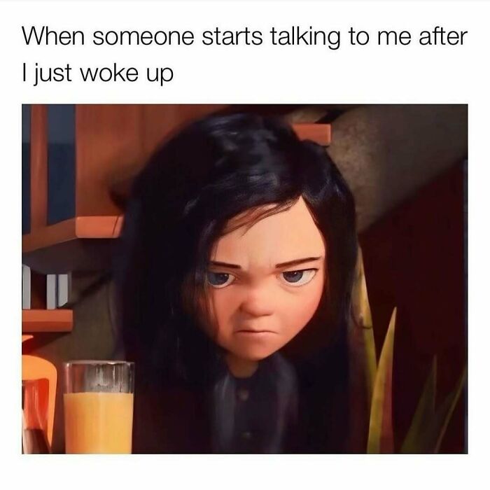 Tired animated girl with messy hair and annoyed expression, caption about someone talking after waking up, cute wholesome post.