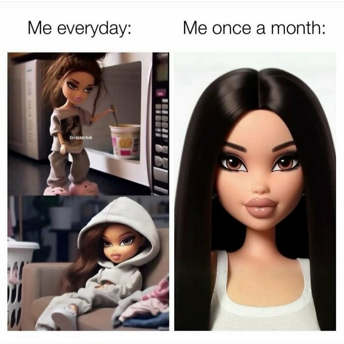 Cute and wholesome posts showing daily casual and once a month polished looks of animated girl dolls.