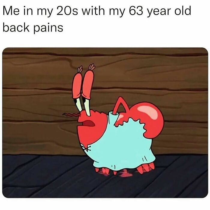 Cartoon crab character bending over in pain, illustrating back pain humor in cute and wholesome posts for girlies.