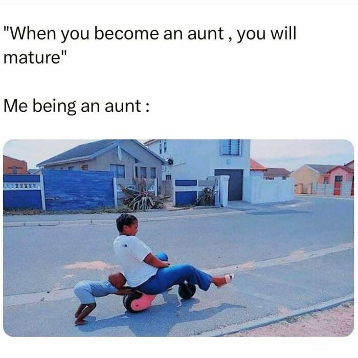 Woman playfully riding a toy scooter with a child, illustrating a cute and wholesome post about aunt and niece bonding.