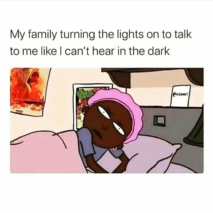 Cartoon of a girl annoyed as family turns on the lights to talk, featured in cute and wholesome posts for girlies.