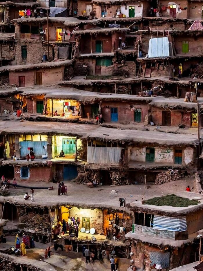 Terraced mud-brick architectural structures with colorful doors and warm interior lighting, showcasing creativity and design.