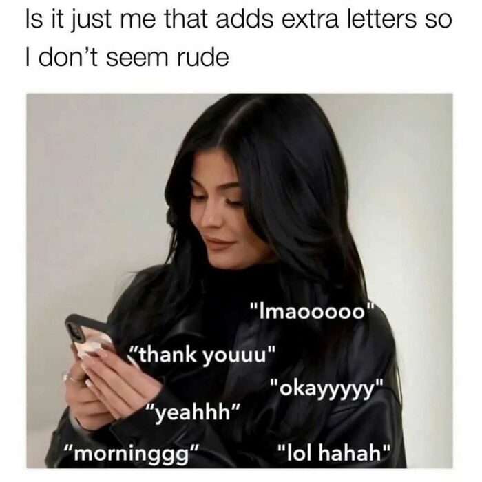 Woman looking at phone with text about adding extra letters in messages, illustrating cute and wholesome posts for girlies.