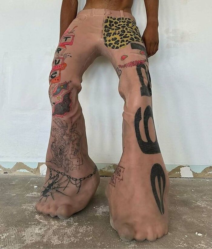 Leggings designed to look like tattooed feet and legs, creating a weirdly hilarious and unique fashion statement.
