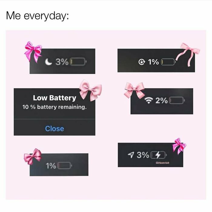 Low battery memes showing various 1-3% phone battery icons decorated with pink bows for cute and wholesome posts.