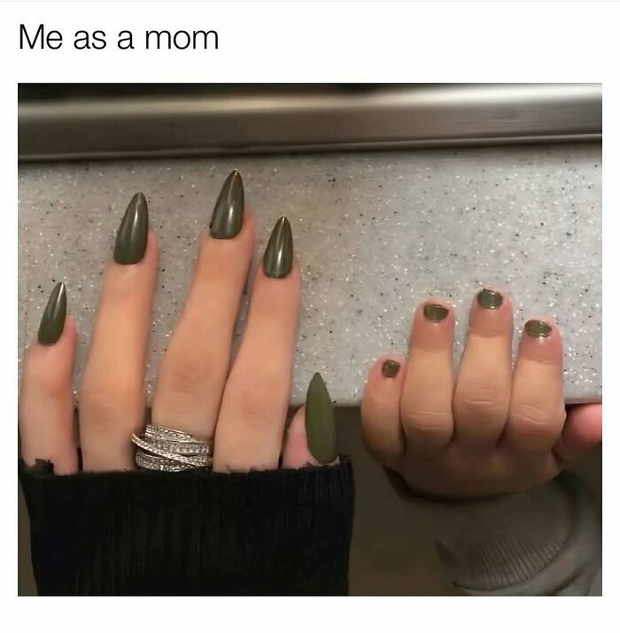 Adult and child hands side by side with matching olive green nail polish, showcasing cute and wholesome nail art for girlies.