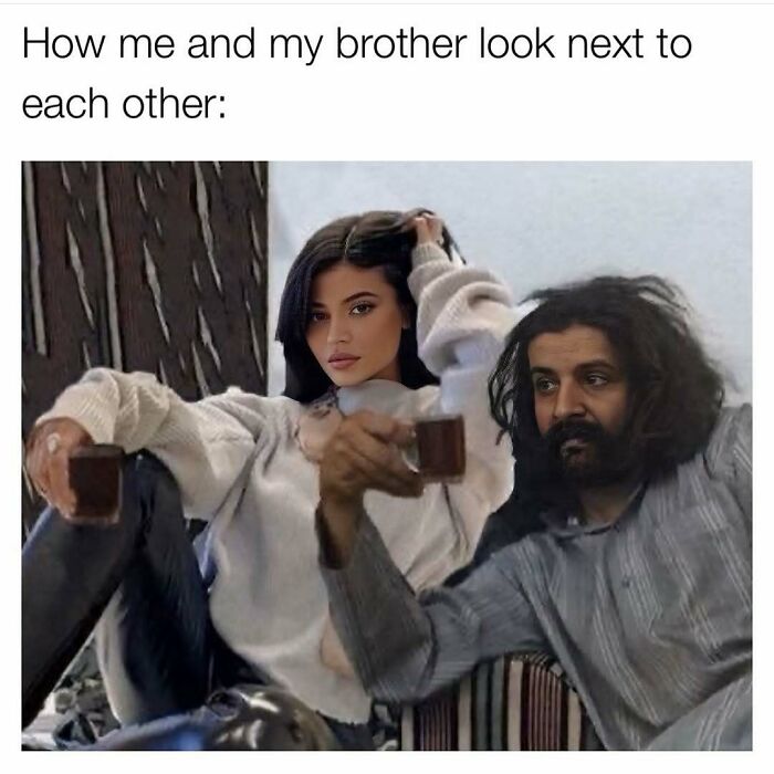 Two people with contrasting stylish and messy appearances sitting together, illustrating sibling differences in cute and wholesome posts.