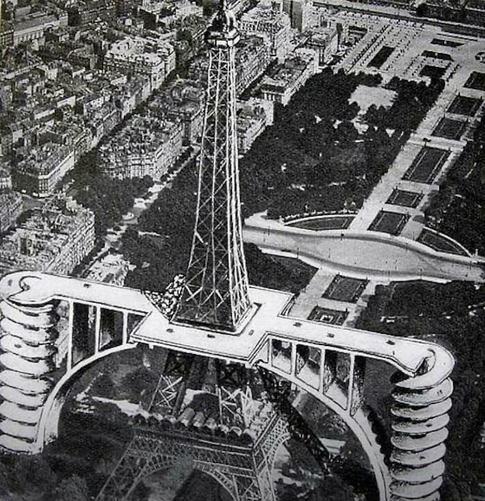 Aerial view of the Eiffel Tower featuring futuristic architectural structures showcasing creativity and innovative design.