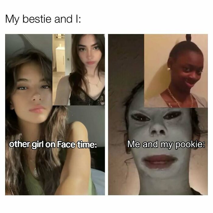 Two side-by-side FaceTime screenshots comparing a polished girl and a funny, wholesome selfie with a bestie, cute posts theme.