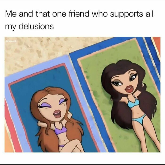 Two animated girls in bikinis lying on beach towels, representing cute and wholesome posts for girlies.