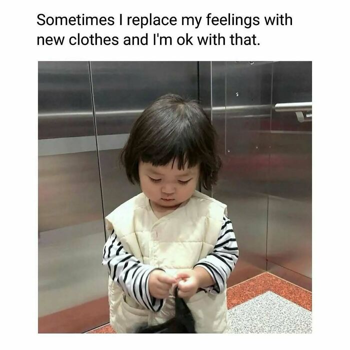 Child in striped shirt and beige vest looking down, caption about replacing feelings with new clothes in wholesome posts for girlies.