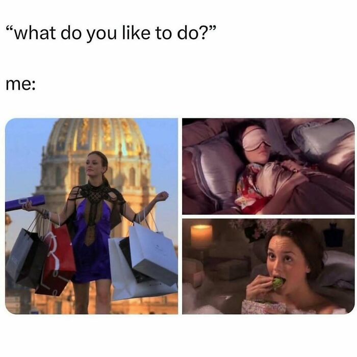 A collage showing a woman shopping, relaxing with an eye mask, and eating, illustrating cute and wholesome posts for girlies.