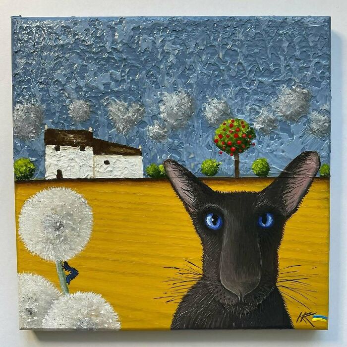 Black cat with striking blue eyes in a textured painting featuring dandelions and a house in the background, cat art subject.