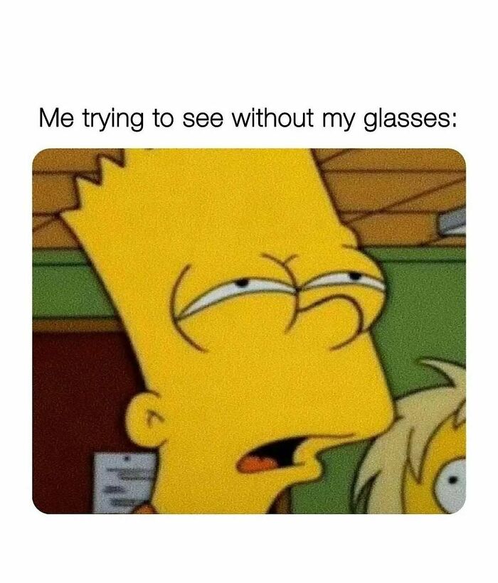 Bart Simpson squinting humorously to see clearly, reflecting a cute and wholesome moment shared by a dedicated girlies page.