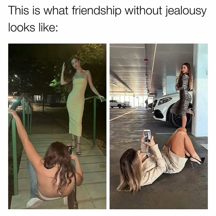 Two girls taking photos of each other, showcasing cute and wholesome friendship moments without jealousy.