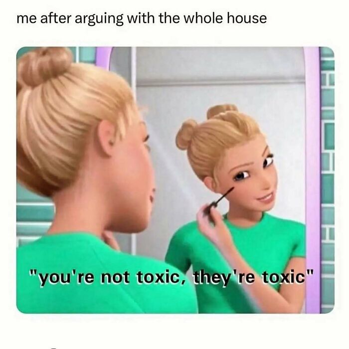Young woman applying makeup in front of mirror with quote about toxicity, a cute and wholesome post for girlies.