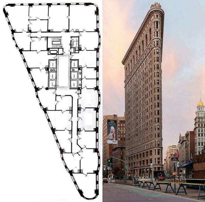 Floor plan and exterior view of the Flatiron Building, showcasing one of the most beautiful and amazing architectural structures.