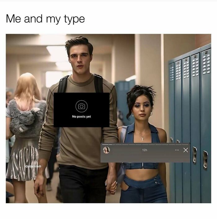 A young couple holding hands in a school hallway, representing a cute and wholesome post for girlies.