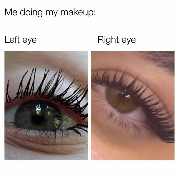 Close-up of a left eye with clumpy mascara and a right eye with natural lashes, illustrating cute and wholesome makeup posts.