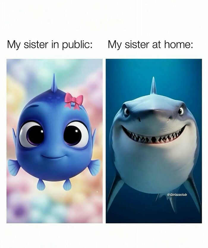 Cute and wholesome posts showing a funny sister comparison with a small fish and a big shark character.