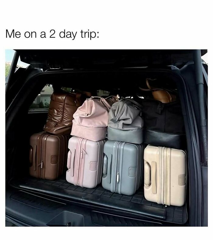 Car trunk packed with multiple suitcases and bags, illustrating cute and wholesome girlie travel posts.
