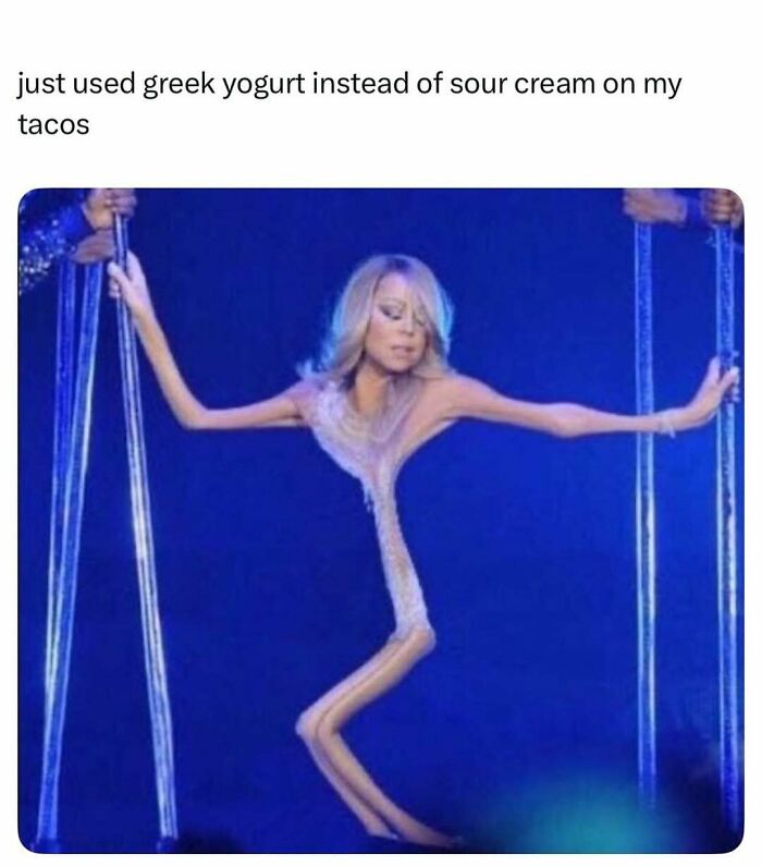 Distorted image of a woman with elongated arms and legs, humorously captioned about using Greek yogurt on tacos, cute posts.
