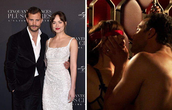 Two separate photos side by side; left shows a man and woman dressed formally, right shows a man and woman in intimate ice event setting.