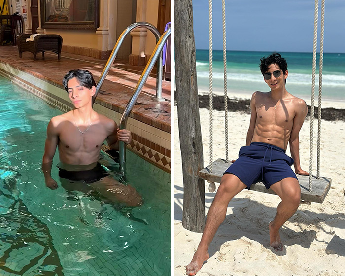 Young 2026 Winter Olympics athlete posing shirtless by the pool and on a beach swing in two side-by-side photos
