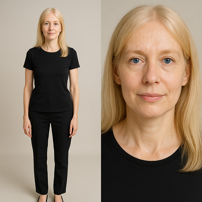 Middle-aged woman modeling the perfect woman ideal, representing generational views from Gen Z to Boomers in simple black attire.