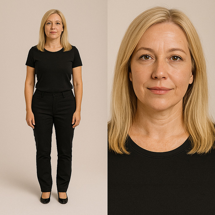 Woman representing the perfect woman concept, shown in full and close-up portrait, reflecting generational ideals from Gen Z to Boomers