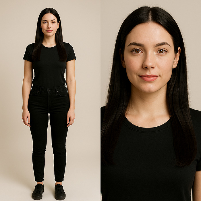 Young woman with straight black hair wearing all black, representing the perfect man and woman according to every generation concept.