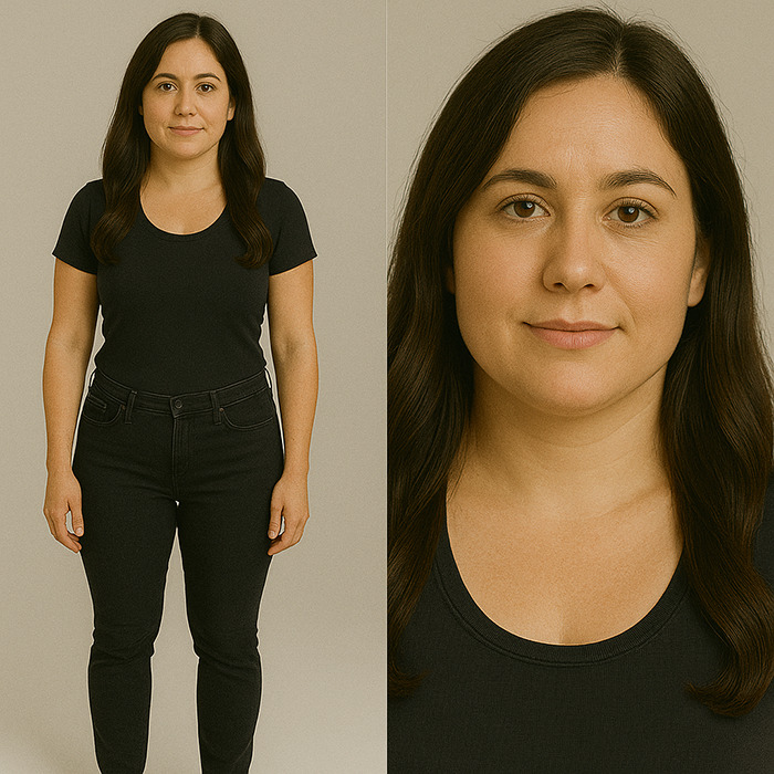 Woman representing the perfect woman concept, shown in full body and close-up, illustrating generation views from Gen Z to Boomers