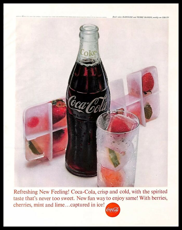 Vintage American ads featuring a classic Coca-Cola bottle with berry-filled ice cubes and a chilled glass.