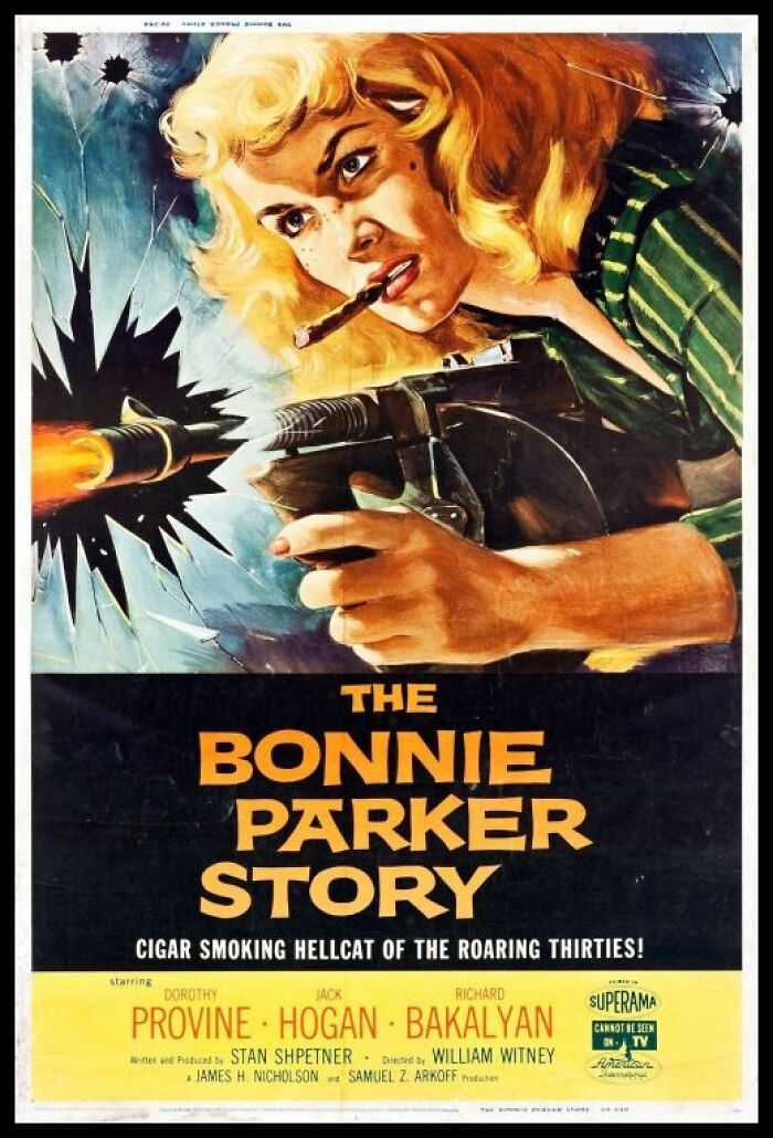 Vintage American ad featuring a fierce woman with a cigar firing a gun in a bold retro style.