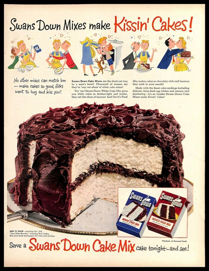 Vintage American ad for Swans Down Cake Mix featuring a chocolate frosted cake with white layers and playful illustrations.