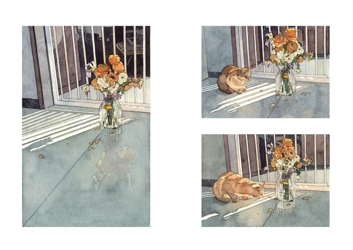 Watercolor paintings featuring a cat interacting with a vase of flowers in soft natural lighting.