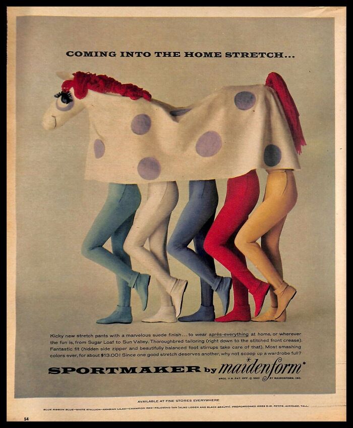 Vintage American ad showing colorful stretch pants modeled under a playful horse costume in a retro style.
