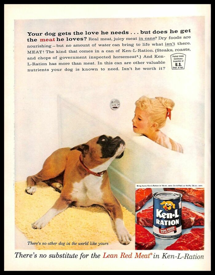 Vintage American ad showing a girl and her dog promoting Ken-L-Ration dog food with lean red meat.