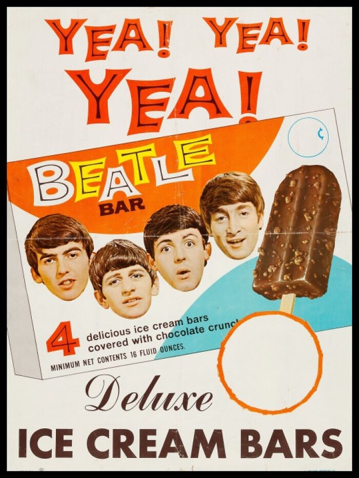 Vintage American ads featuring ice cream bars with a Beatles-themed design and retro typography, capturing nostalgic appeal.